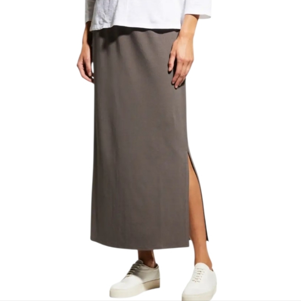 NWOT Eileen Fisher A Line Midi Side-Slit Skirt Khaki Green 100% Organic Cotton